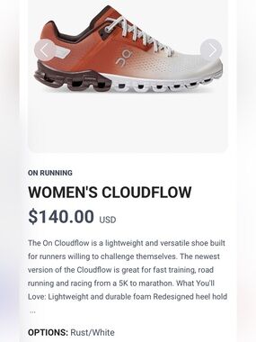 On Cloudflow 3 Women’s Running Shoes Rust/White Size 7.5 Barely Worn! No Box
